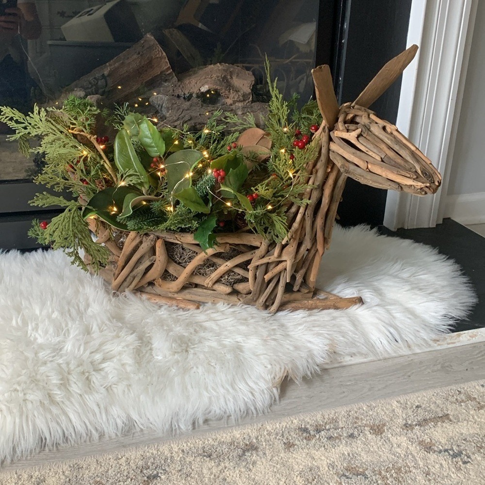 Reindeer driftwood Christmas‎ holidays center piece greenery string lights